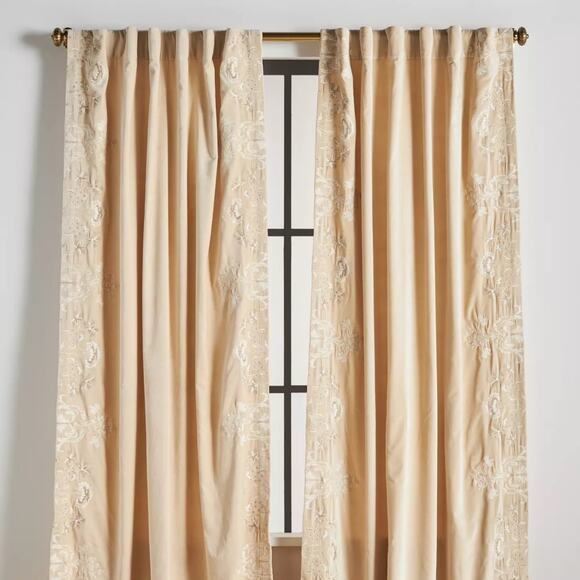 Anthropologie Harlowe Velvet Curtain – Ivory Embroidered – 2 Available New - Picture 1 of 4